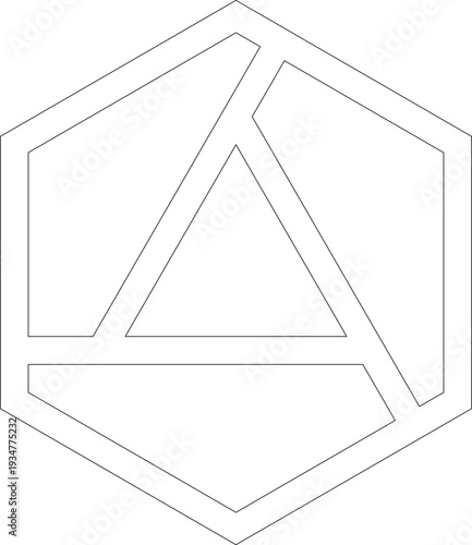Abstract geometric line art featuring hexagonal outer frame with angular triangular elements and diagonal linear composition in minimalist black and white style.