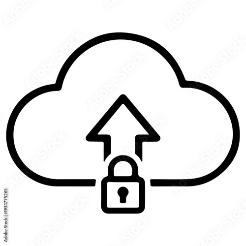 Secure cloud upload icon with padlock and up arrow line art