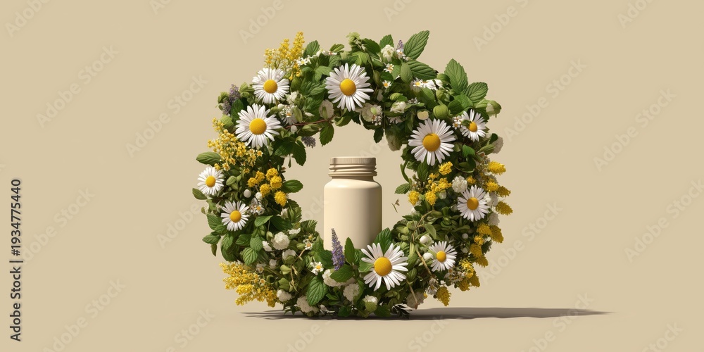 Fototapeta premium Minimal medicine container surrounded by chamomile and botanical wreath, perfect mockup for eco pharmacy, aromatherapy and clean label products