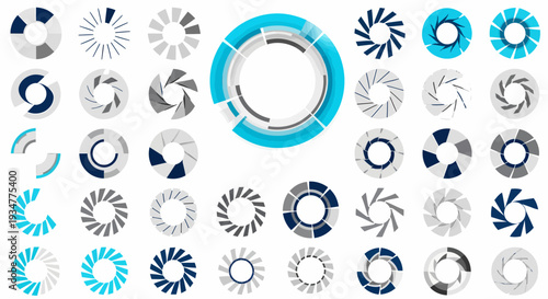 A collection of various circular loading indicators, progress spinners, and segmented pie chart graphics in blue and grey tones, Vector Illustration.