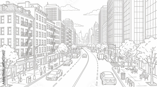 Black and White City Street Line Art Illustration – Urban Building Sketch Drawing