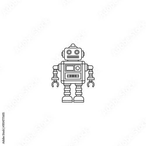 Simple line art illustration of a retro-style robot with antennas and mechanical details on a white background.