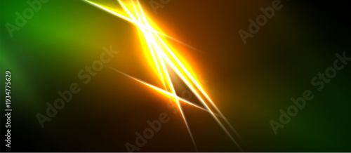 Abstract light streaks radiate from bright center. Green, orange, black hues dominate composition. Dynamic energy visible.