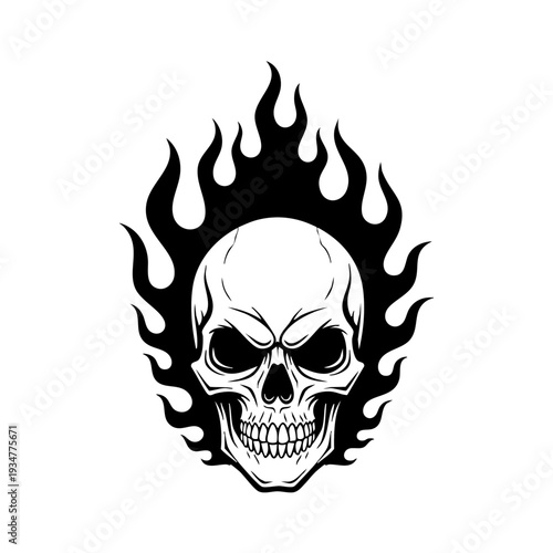 Black and white illustration of a skull surrounded by flames.