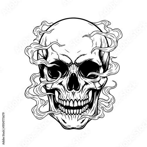 Black and white illustration of a skull with smoke coming out of the eye sockets.