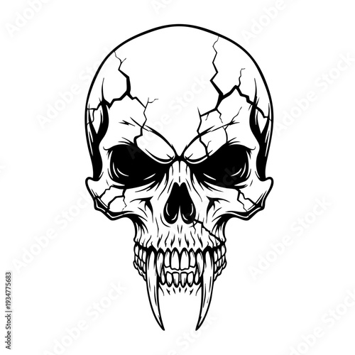 Cracked human skull with fangs and menacing expression.