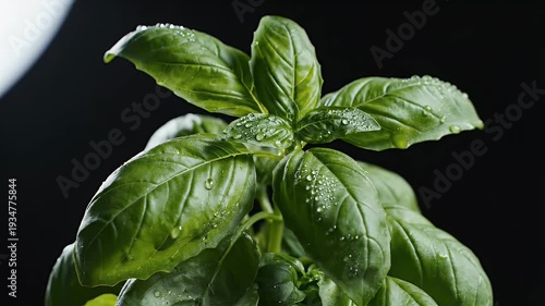 Wallpaper Mural Close-up view of fresh green basil leaves glistening with water droplets on a dark background Torontodigital.ca