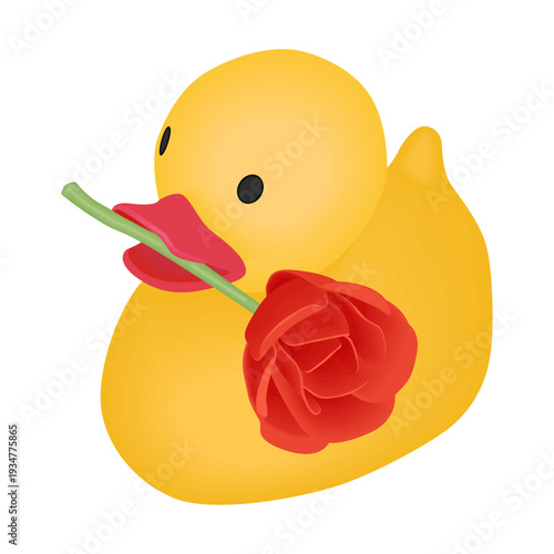 Rubber duck holding rose in the beak - hand drawn isometric vector illustration.
