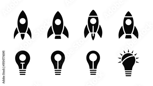 Set of 8 black flat vector icons featuring four different rocket ship designs and four distinct light bulb illustrations, perfect for business, startup, innovation, and creative concept projects.