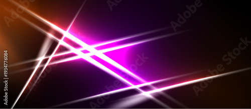 Abstract lines intersect, creating vibrant light streaks. Purple, orange hues dominate dark background. Modern design element.