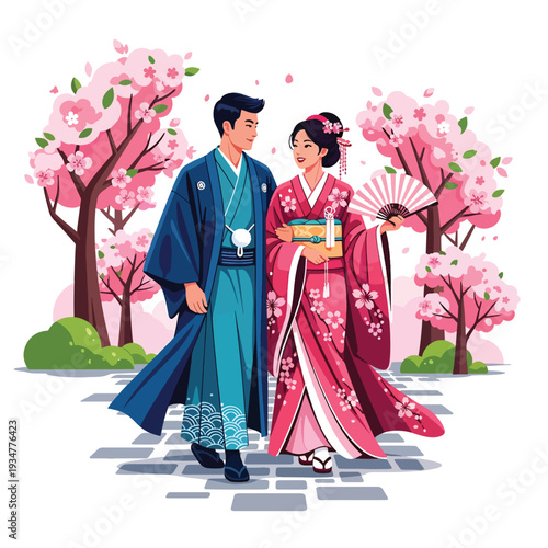 Romantic stroll of a couple in traditional attire amidst vibrant cherry blossoms