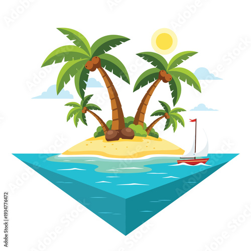 Sunny tropical island paradise illustration with palm trees, sandy beach, and sailboat on calm blue ocean.