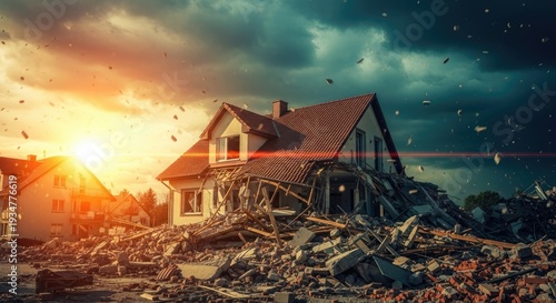 Destroyed house amidst debris at sunset with dramatic sky and debris-filled surroundings