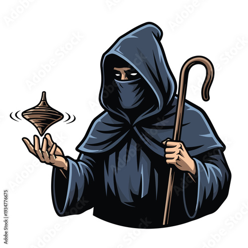 Mysterious Hooded Figure Performing Levitation Magic with Spinning Top Illustration