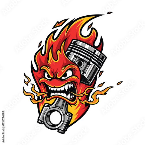Angry Fiery Piston Character Illustration for Automotive Power and Speed Concepts