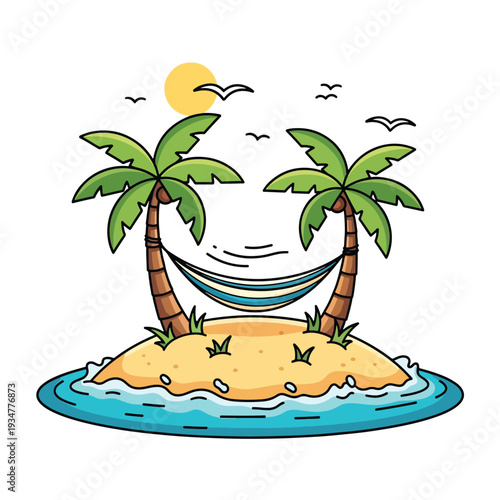 Tropical Island Paradise Illustration with Palm Trees, Hammock, Sun, and Ocean Waves