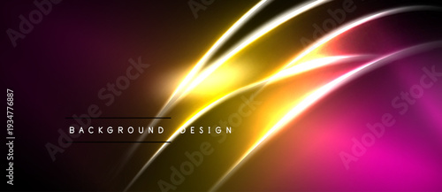 Abstract background features vibrant yellow, pink gradients. Dynamic curves create modern design, sleek presentation. Dark space dominates composition.