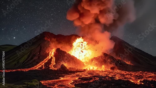 Wallpaper Mural Fiery volcano erupting under starry night, spewing lava and ash Torontodigital.ca
