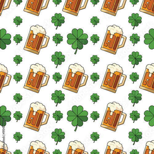 Festive Celebration Pattern with Beer Mugs and Lucky Clovers, Seamless Vector Illustration