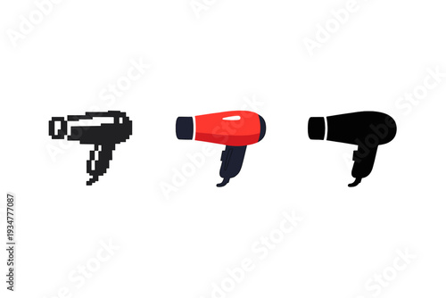 Three different styles of hair dryers: pixel art, cartoon, and silhouette icons