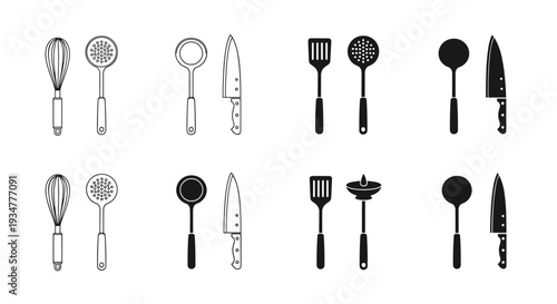 Collection of kitchen utensils and knives in various styles and colors