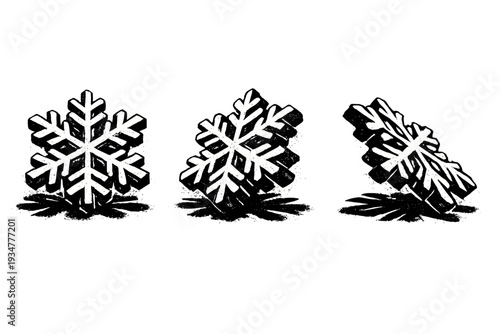 Three dimensional snowflakes in a rough, textured, black and white illustration style