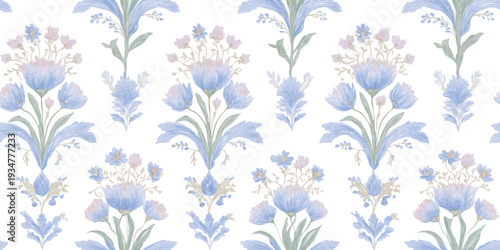 Symmetrical Blue Floral Bouquet Seamless Pattern in Classic Damask Style for Interior Decor.