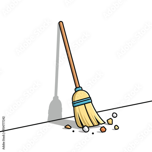Cartoon illustration of a broom leaning against a wall with a pile of dirt on the floor, ready for sweeping.