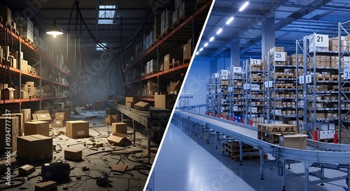 Half image cluttered warehouse with broken systems and flickering lights; other half optimized logistics center clear labels organized shelves cool blue lighting and smooth workflow