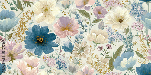 Vibrant Multi Color Wildflower Meadow Seamless Pattern with Blue and Pink Floral Accents.