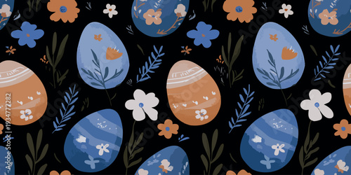 Folk Art Style Easter Egg Seamless Pattern with Blue and Orange Floral Ornaments.