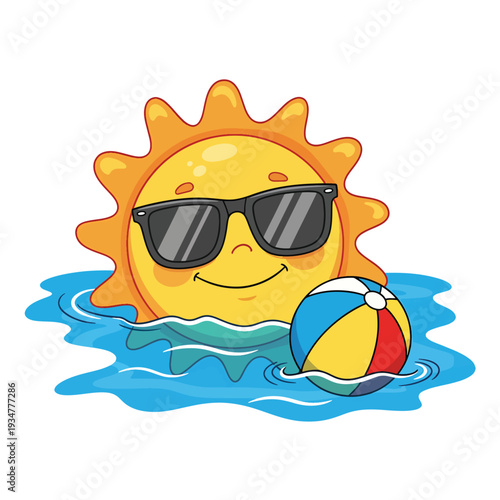 Cheerful cartoon sun wearing sunglasses, happily swimming with a beach ball in blue water, enjoying summer vacation.
