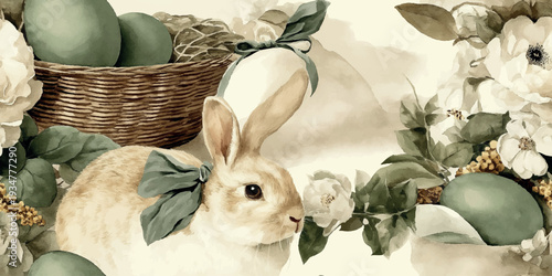 Vintage Watercolor Easter Bunny Seamless Pattern with Green Eggs and Floral Basket.