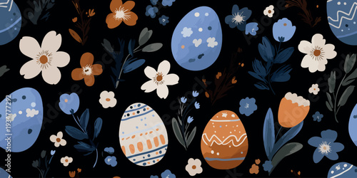 Folk Art Style Easter Egg Seamless Pattern with Blue and Orange Floral Ornaments.