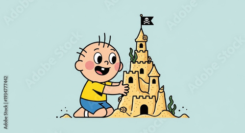 Adorable cute cartoon happy boy building tall sandcastle with pirate flag on beach vector illustration