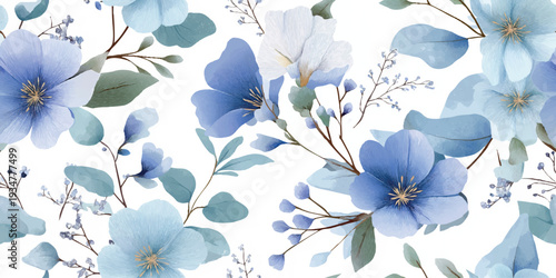 Elegant Blue Flax Flower Seamless Pattern with Soft Greenery and Berries.