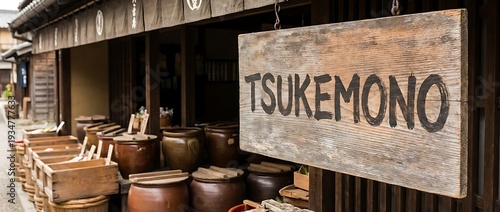 Traditional Japanese Tsukemono Shop Exterior with Ceramic Jars