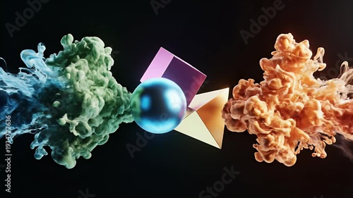 Wallpaper Mural Abstract composition with iridescent geometric shapes and glowing sphere Torontodigital.ca