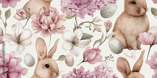 Soft Pastel Easter Bunny and Pink Blossom Seamless Pattern with Elegant Eggs.
