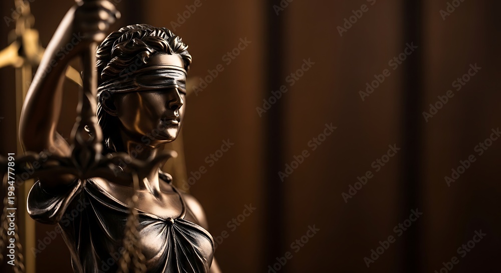 Obraz premium Bronze statue of Lady Justice with blindfold, holding scales, in a courtroom setting