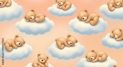 Cute cartoon teddy bears sleeping peacefully on fluffy white clouds against a soft peach background texture