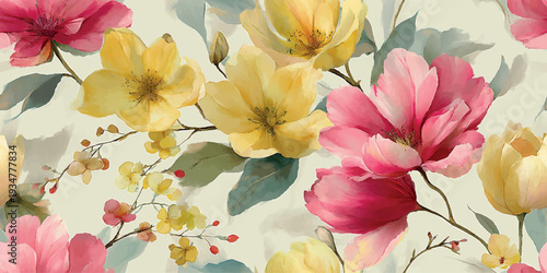 Large Watercolor Botanical Floral Seamless Pattern with Peony and Magnolia Flowers.