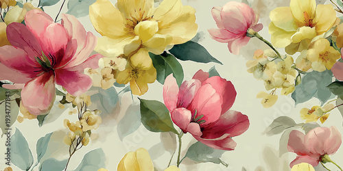 Large Watercolor Botanical Floral Seamless Pattern with Peony and Magnolia Flowers.