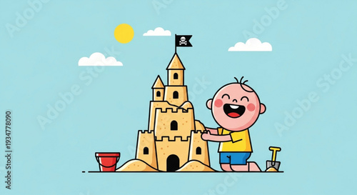 Two happy cartoon boys building large sandcastle with red flag and bucket on beach vector illustration