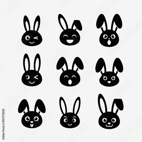 Cute rabbit mascot logo collection with soft rounded shapes, minimal black vector style for children and baby branding.