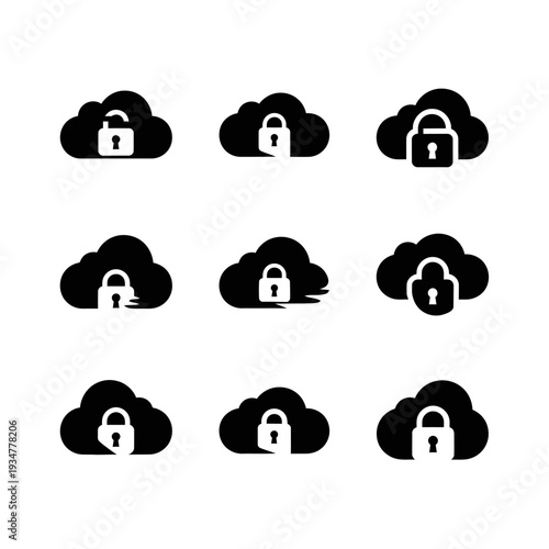 Secure cloud logo collection featuring lock symbol inside cloud silhouette in bold black solid flat vector,