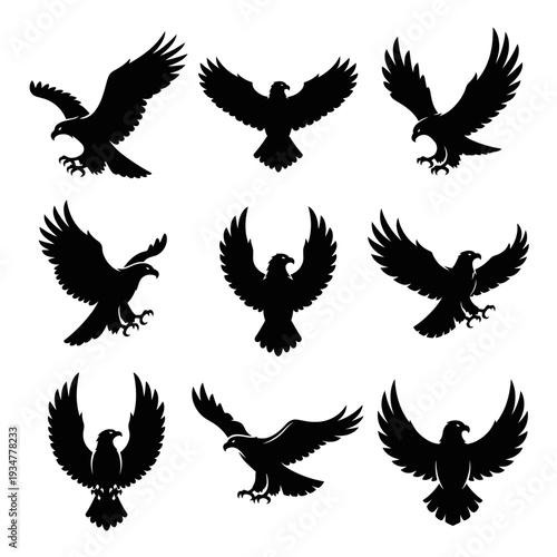 Symmetrical eagle icon in black silhouette, isolated on white canvas, clean vector style.
