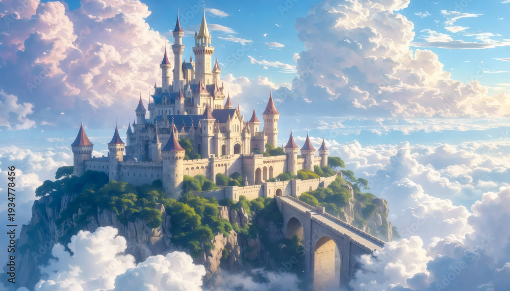 Fototapeta premium Majestic Fantasy Castle Above the Clouds on a Mountain Cliff with Stone Bridge