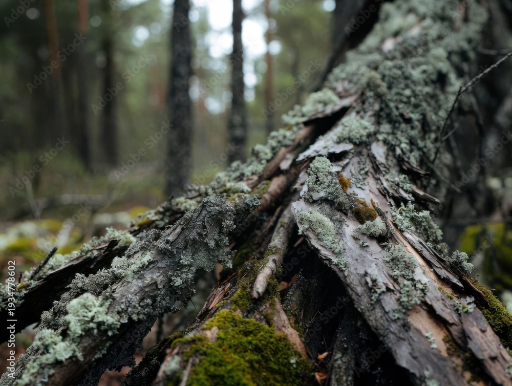 Fototapeta premium Close-up view of moss-covered tree bark and fallen logs in a dense forest with blurred trees and foliage in the background