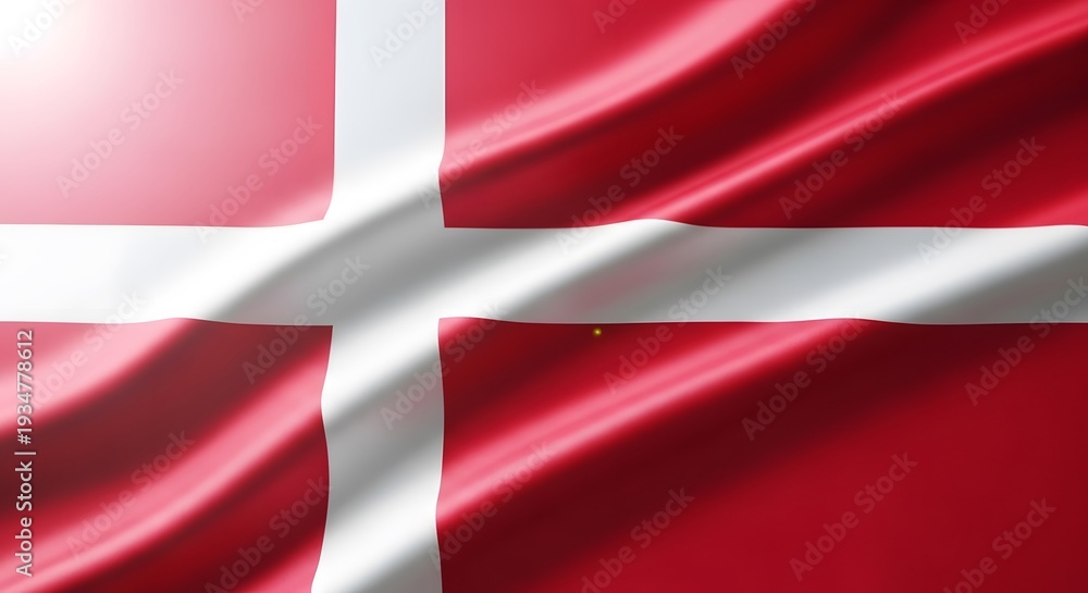Fototapeta premium A waving Danish national flag, featuring its iconic red field and white Scandinavian cross, illuminated by a soft light.